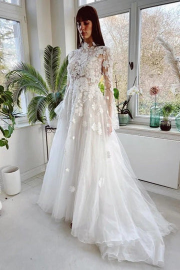 A-Line High Collar Long Sleeves Lace Wedding Gowns TWA127