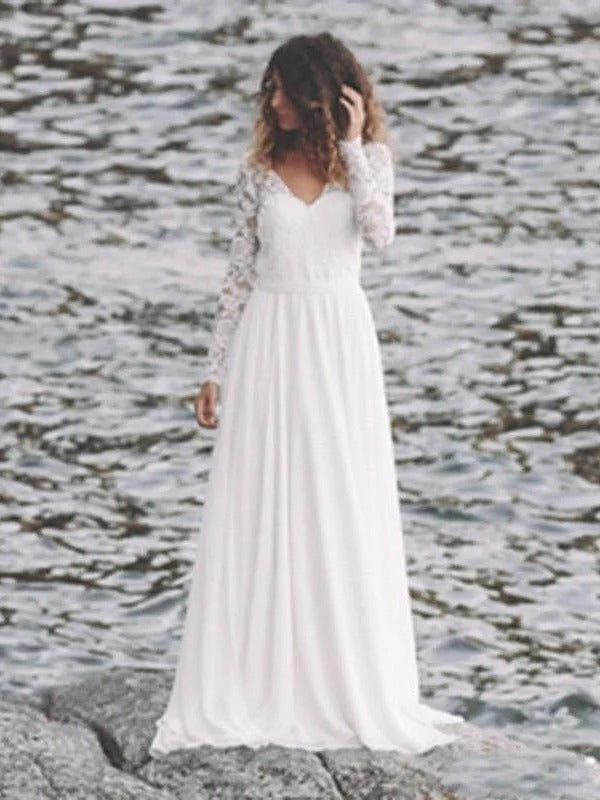 Trendy A-line Beach V-Neck Long Sleeve Beach Wedding Gowns TWA134