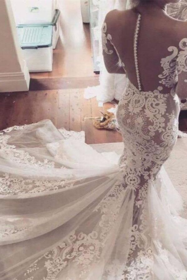 Illusion Neckline Lace Appliques Mermaid Long Sleeves Wedding Gown TWA1392