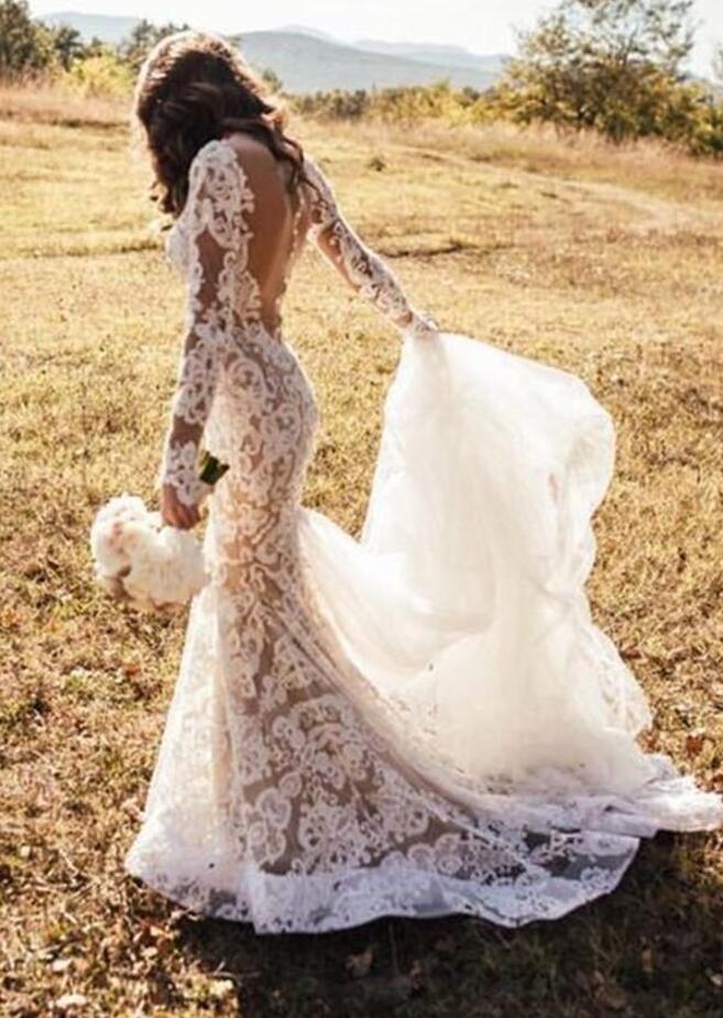 Trendy Long Appliques Lace Mermaid Ivory Wedding Gown TWA1402