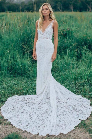 V-Neck Ruched Lace Mermaid Wedding Gown with Court Train TWA1412