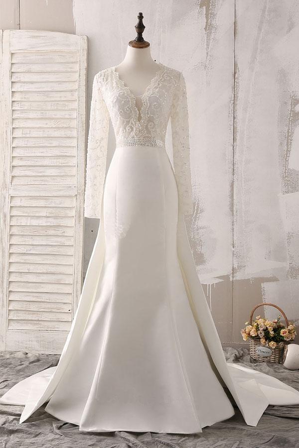 Ivory Lace Satin V-neck Long Sleeve Beaded Wedding Gown TWA1442