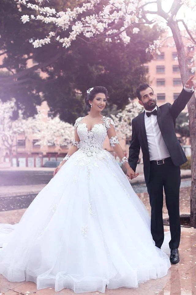 Trendy Long Sleeve Lace Applique Ball Gown Wedding Gowns TWA147