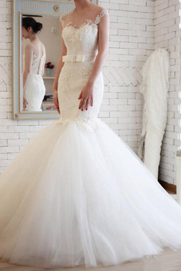 Trendy Sheer Back Tulle Lace Mermaid Wedding Gown TWA1482