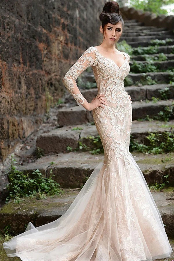 Trendy Lace Applique Long Sleeves Champagne Mermaid Wedding Gowns TWA151