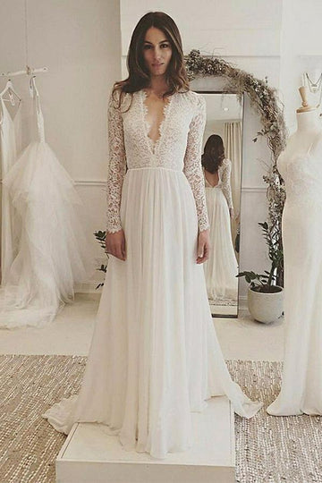 V-Neck Long Sleeves Ivory Chiffon Boho Wedding Gown with Lace TWA1532
