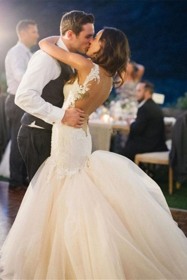 Mermaid Boat Neck Court Train Ivory Tulle Wedding Gown TWA1562