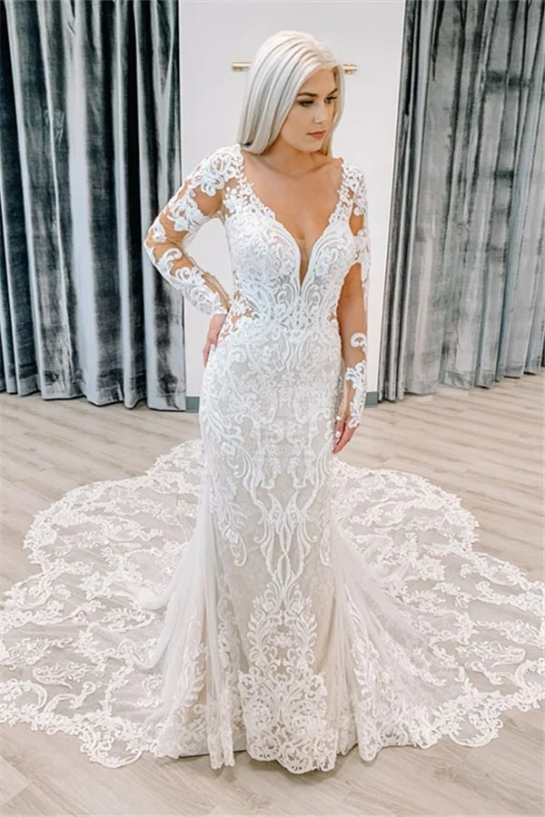 Trendy Long Sleeves Appliques Lace Sheath Wedding Gown TWA157