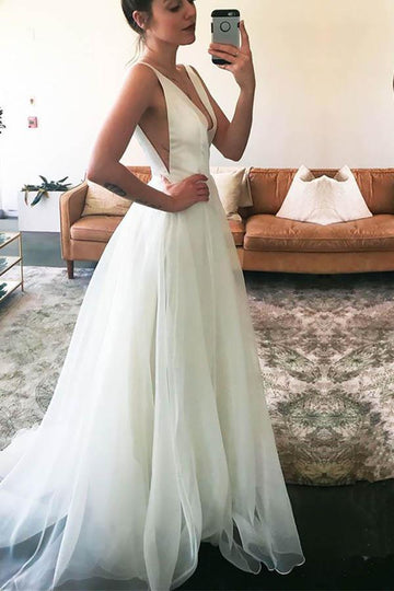 V-neck Straps Sweep-Train White A-line Wedding Gown TWA1572