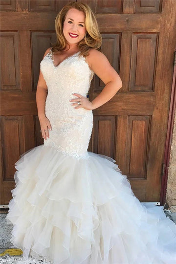 Trendy Plus Size V-neck Lace Mermaid Wedding Gown TWA160