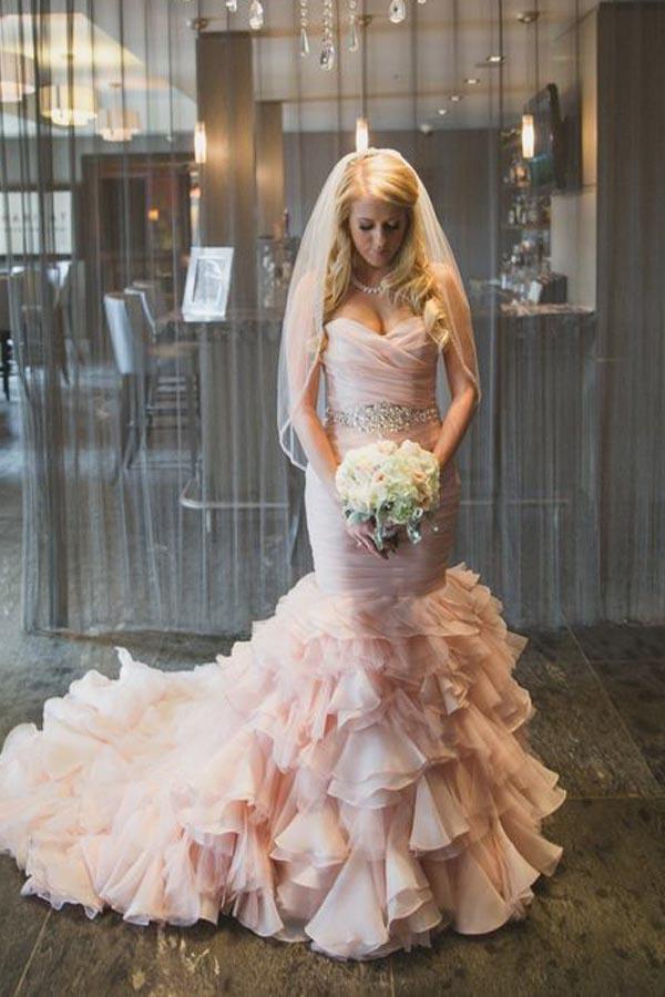 Trendy Sweetheart Tiered Train Organza Mermaid Wedding Gown TWA1602