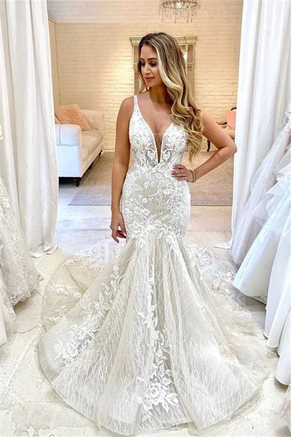 Trendy V-neck Lace Mermaid Wedding Gown TWA162