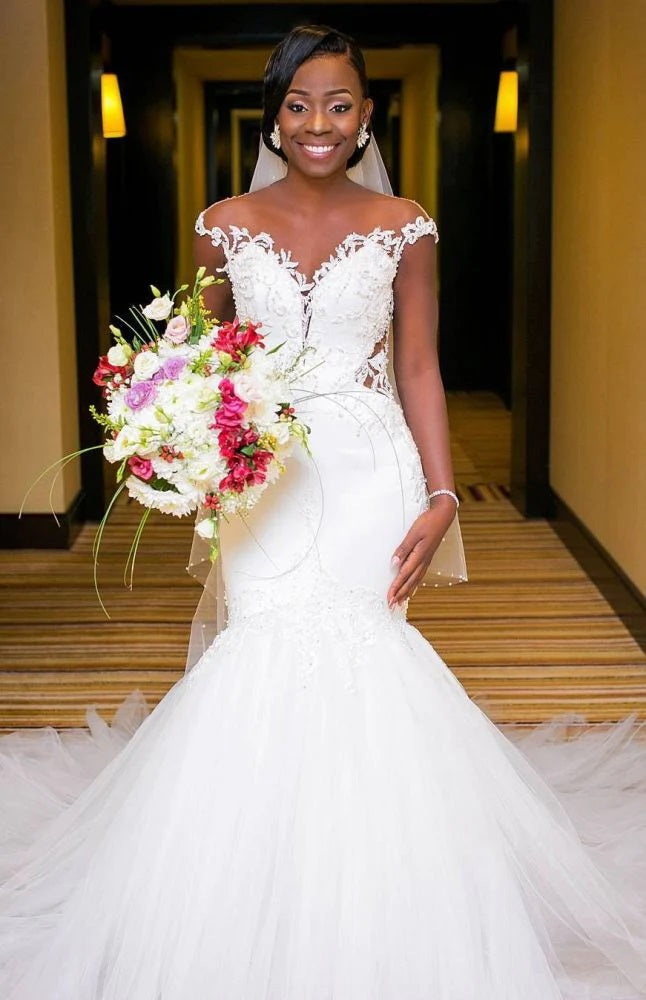 Trendy Sweep Train Illusion Lace Mermaid Wedding Gown TWA168