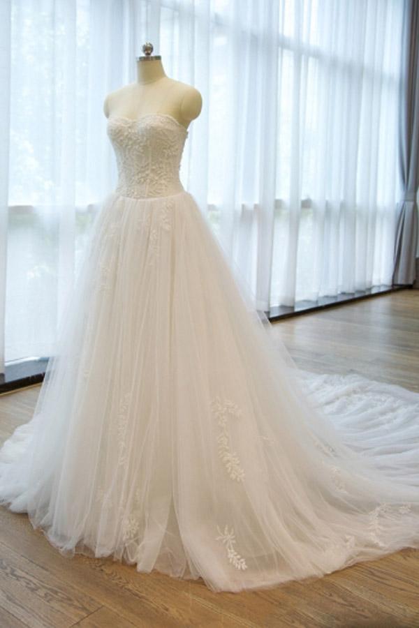 Lace Appliques A Line Chapel Train Wedding Gown TWA1682