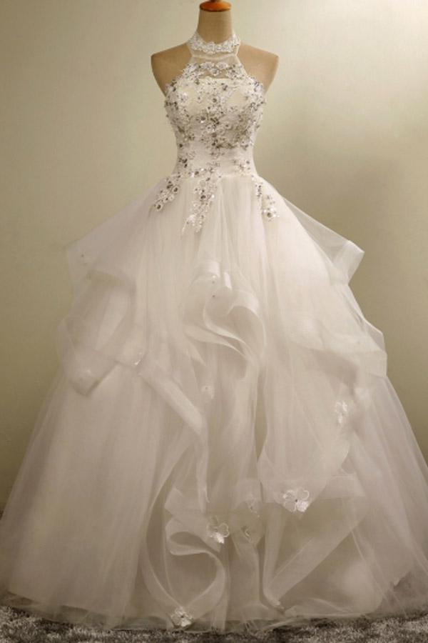 Halter Neck Lace-Up Ball Gown Beaded Lace Wedding Gown TWA1712