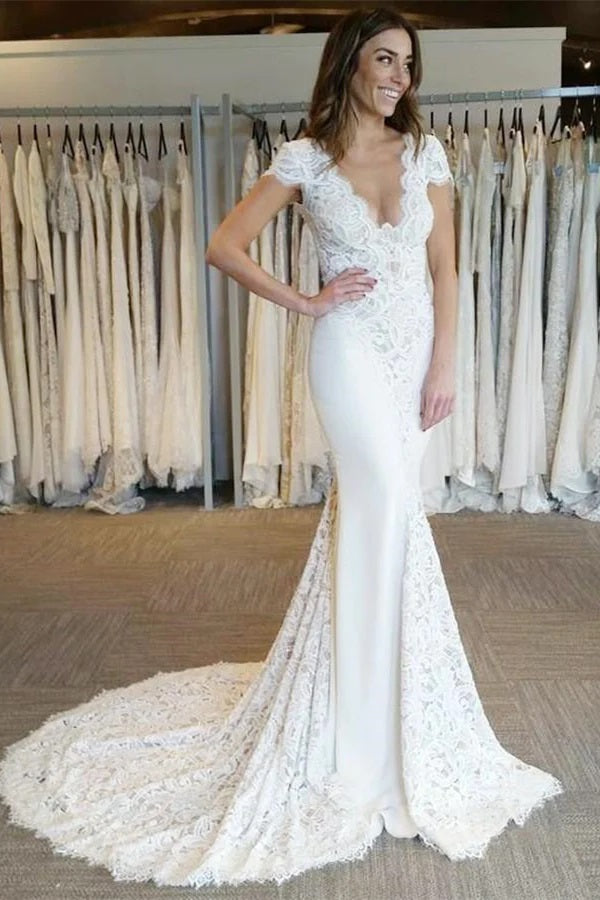 Trendy Cap Sleeve V Neck Lace Mermaid Wedding Gown TWA172
