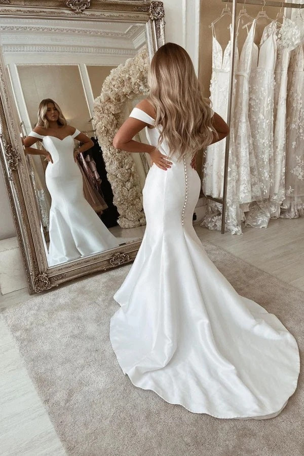 Trendy Satin Off The Shoulder Mermaid Wedding Gown TWA176