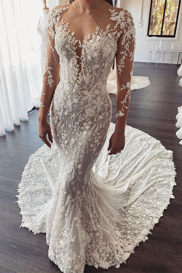 Trendy Long Sleeve Illusion Sweep Train Lace Mermaid Wedding Gown TWA179