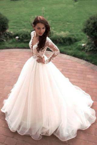 Princess A-Line V-Neck Tulle Ivory Long Sleeves Wedding Gown TWA1812