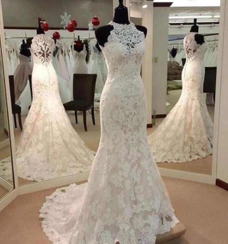 Halter Mermaid Lace Applique Wedding Gown TWA1822