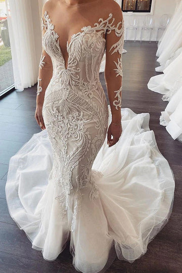 Trendy Long Sleeve Lace Appliques Illusion Mermaid Wedding Gown TWA183