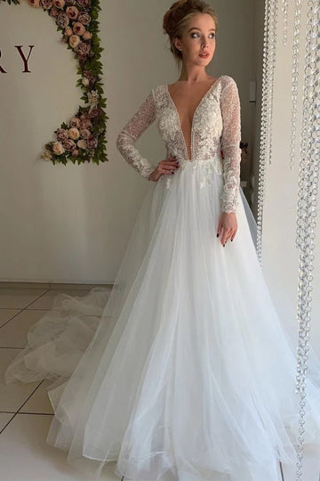 Trendy Petite Long Sleeve Lace A-line Wedding Gown TWA184