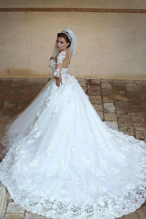 Trendy Long Sleeve Lace Puffy Ball Gown Wedding Gown TWA185