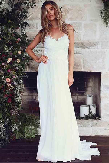 Spaghetti Straps Boho A-Line Wedding Gown with Lace Appliques TWA1862