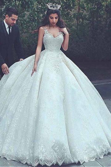 V-neck Neckline Ball Gown Lace Appliques Wedding Gown TWA1872