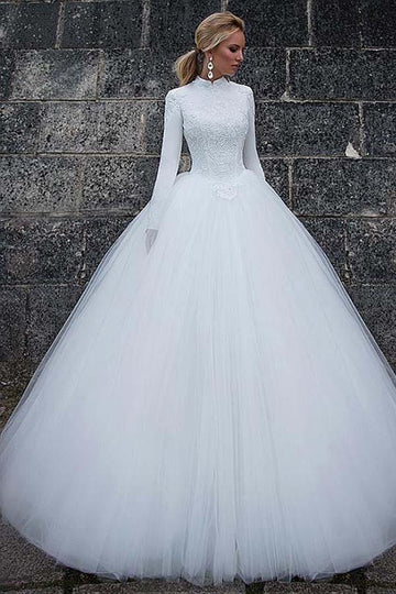 Trendy High Collar Long Sleeve Ball Gown Wedding Gown TWA1902