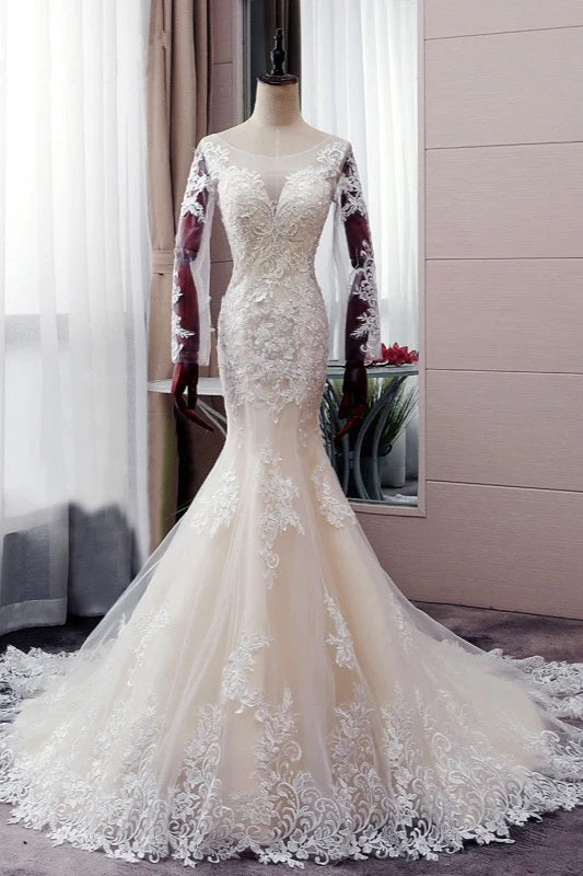 Trendy Long Sleeve Lace Mermaid Wedding Gown TWA191