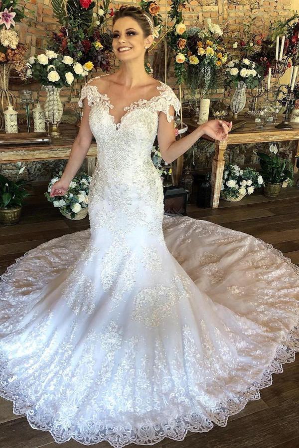 Trendy Cap Sleeve Lace Mermaid Wedding Gown TWA193