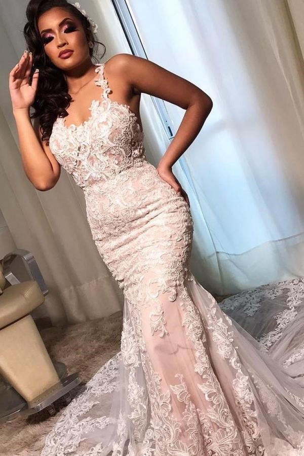 Trendy Straps Lace Mermaid Wedding Gown TWA197