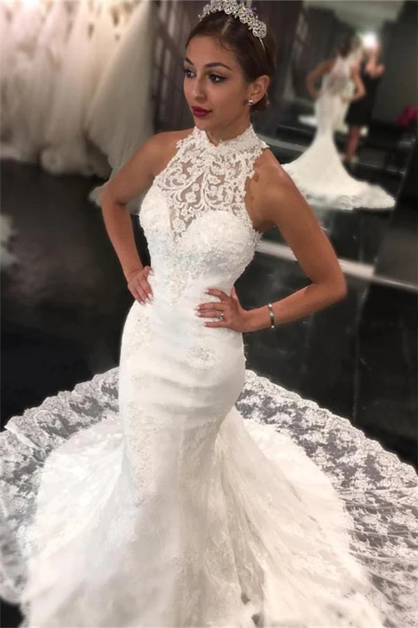 Trendy Halter Lace Sweep Train Mermaid Wedding Gown TWA198