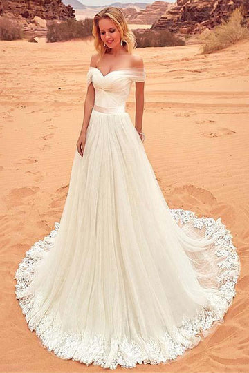 Tulle Off-the-shoulder Lace Appliques Wedding Gown TWA2012