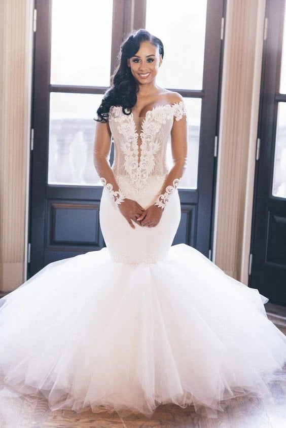 Trendy Plus Size Off the Shoulder Long Sleeve Lace Applique Mermaid Wedding Gown TWA205