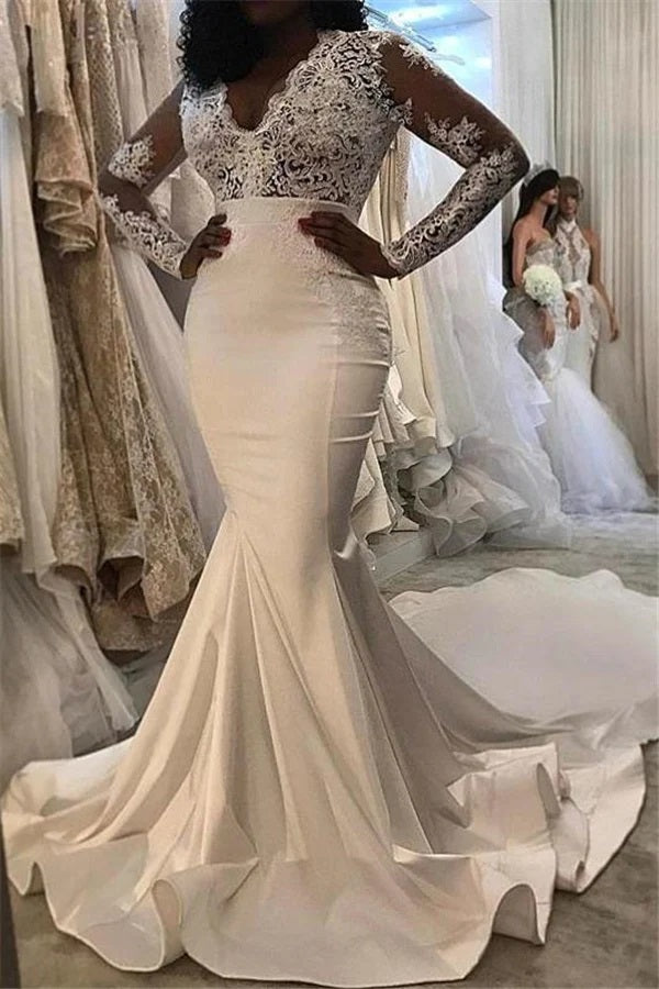 Trendy Plus Long Sleeve V-neck Lace Mermaid Wedding Gown TWA212