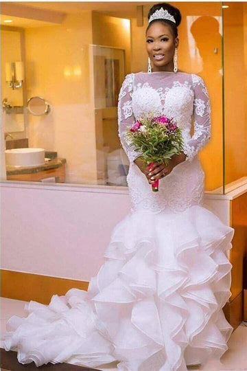 Trendy Plus Ruffle Train Long Sleeve Lace Mermaid Wedding Gown TWA214