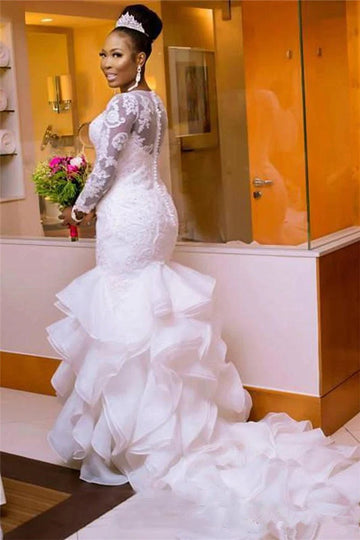 Trendy Plus Ruffle Train Long Sleeve Lace Mermaid Wedding Gown TWA214
