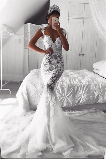 Trendy Straps Lace Appliques Mermaid Wedding Gown TWA216