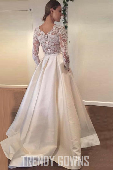 A-Line Long Sleeves Lace Satin Wedding Gown With Pockets TWA2162