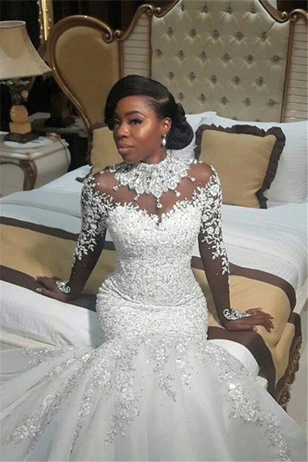 Trendy Plus Size Long Sleeve Lace High Neck Beading Mermaid Wedding Gown TWA218