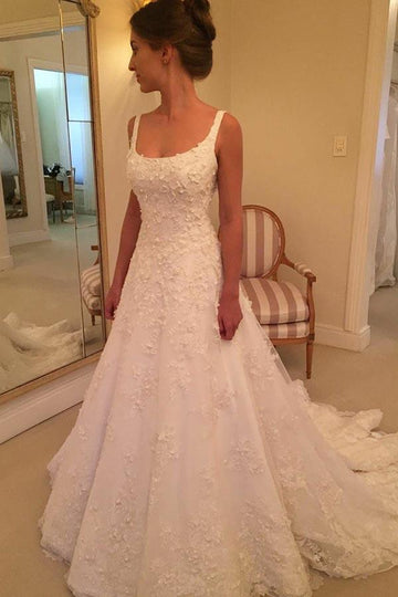 Trendy A-line Scoop Sweep Train Appliques Wedding Gown TWA2182