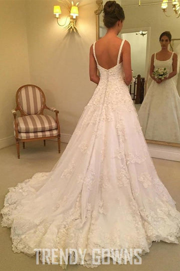 Trendy A-line Scoop Sweep Train Appliques Wedding Gown TWA2182