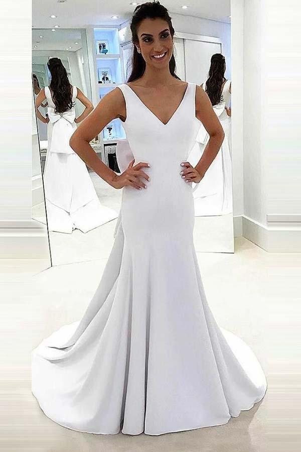 Mermaid Deep V-Neck Sweep Trian White Satin Wedding Gown TWA2192