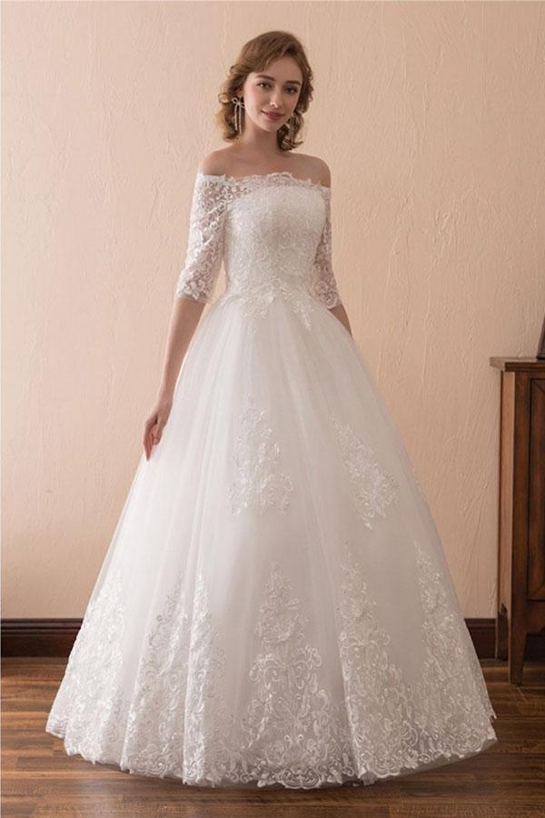 Off The Shoulder Lace Ball Gown Wedding Gown With 1/2 Sleeves TWA2212
