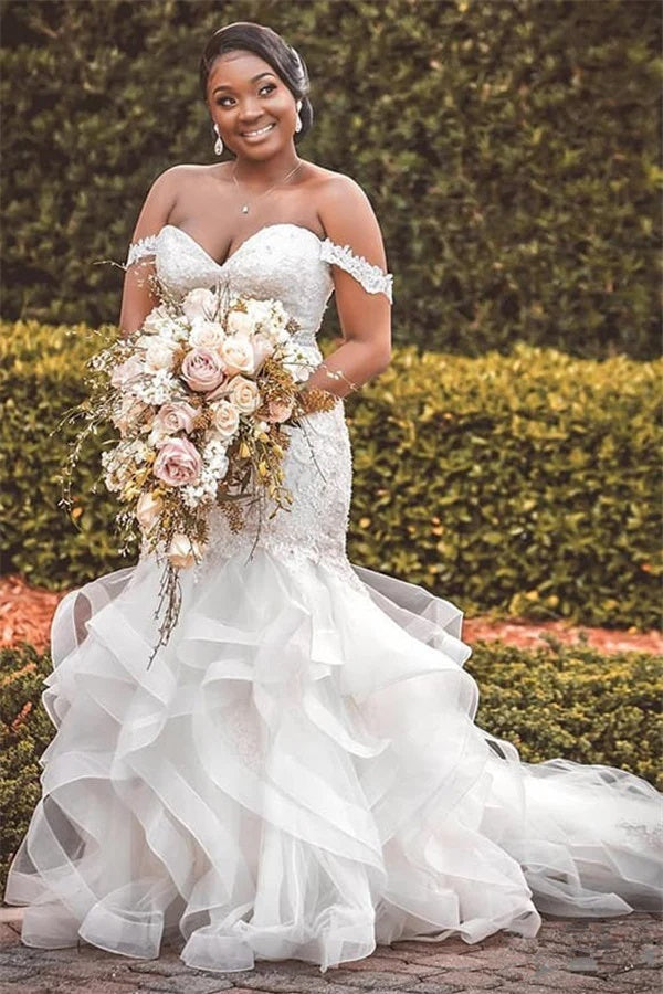 Off The Shoulder Ruffles Lace Appliques Plus Size Mermaid Wedding Gown TWA224