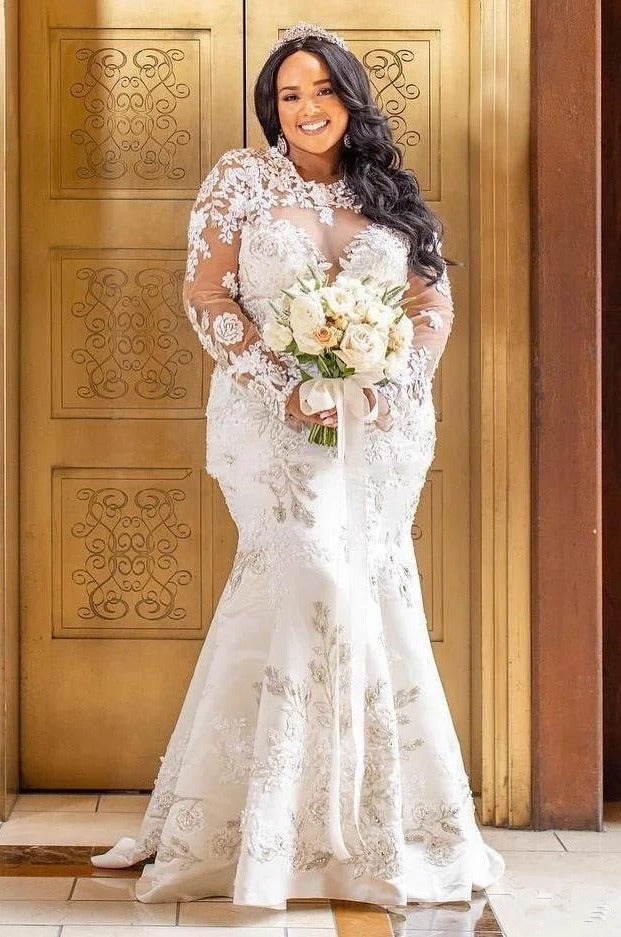 Trendy Long Sleeve Lace Appliques Plus Size Mermaid Overskirt Wedding Gown TWA225