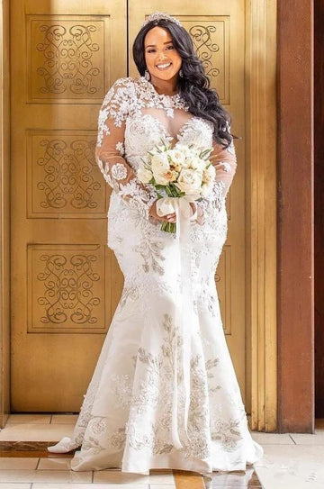 Trendy Long Sleeve Lace Appliques Plus Size Mermaid Overskirt Wedding Gown TWA225