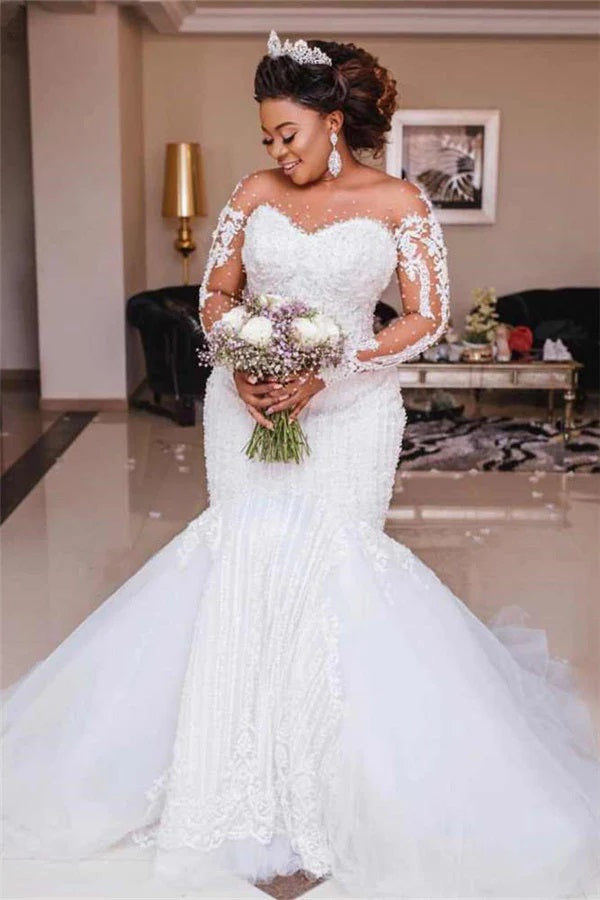 Trendy Plus Size Illusion Lace Long Sleeve Mermaid Wedding Gown TWA227